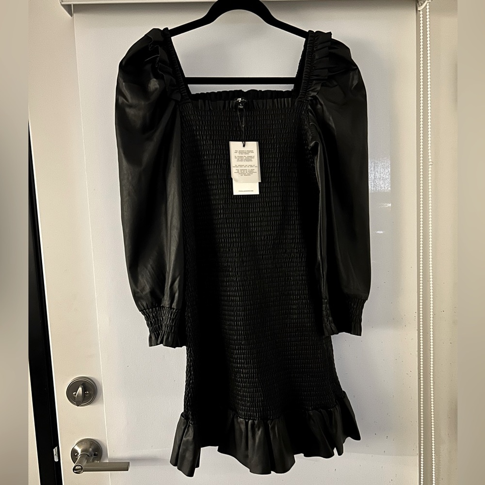 NWT 7 For All Mankind Black Dress Faux Leather Smocked Sz L